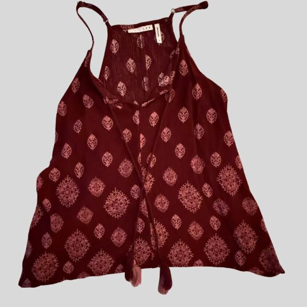 LUQ Burgundy Paisley Medallion Tank Top Tassel Tie V-Neck Size S